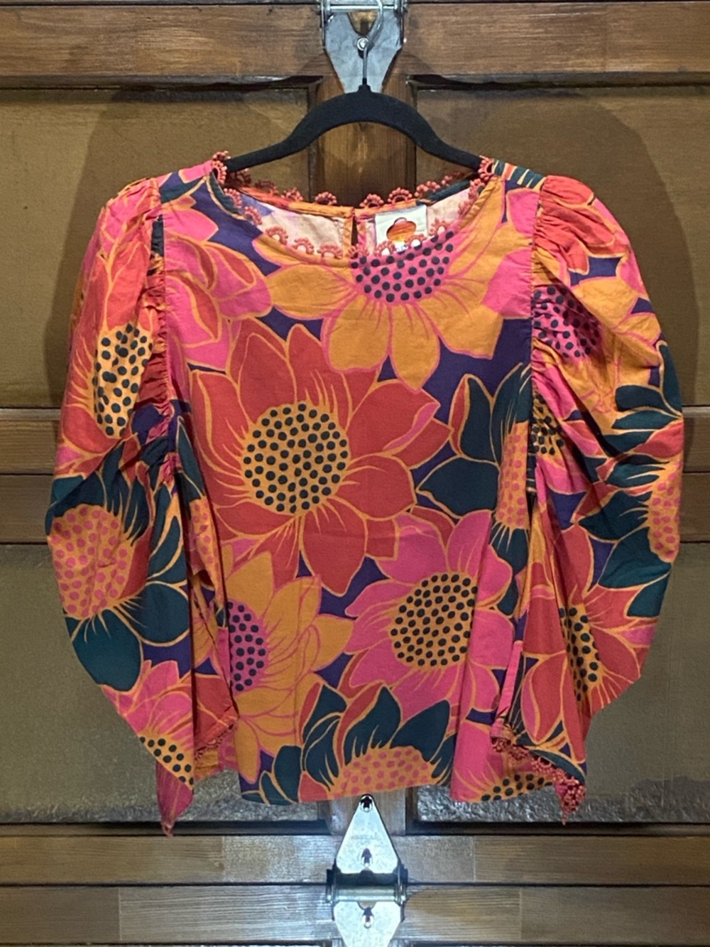 Anthropologie Pink & Orange Floral Puff-Sleeve Blouse